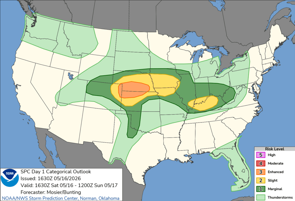 The day 1 outlook by the storm prediction center (spc) for may 16th, 2026.