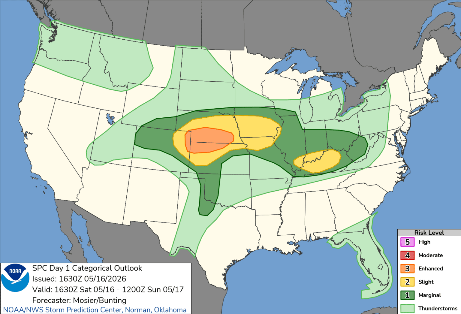 The day 1 outlook by the storm prediction center (spc) for may 16th, 2026.