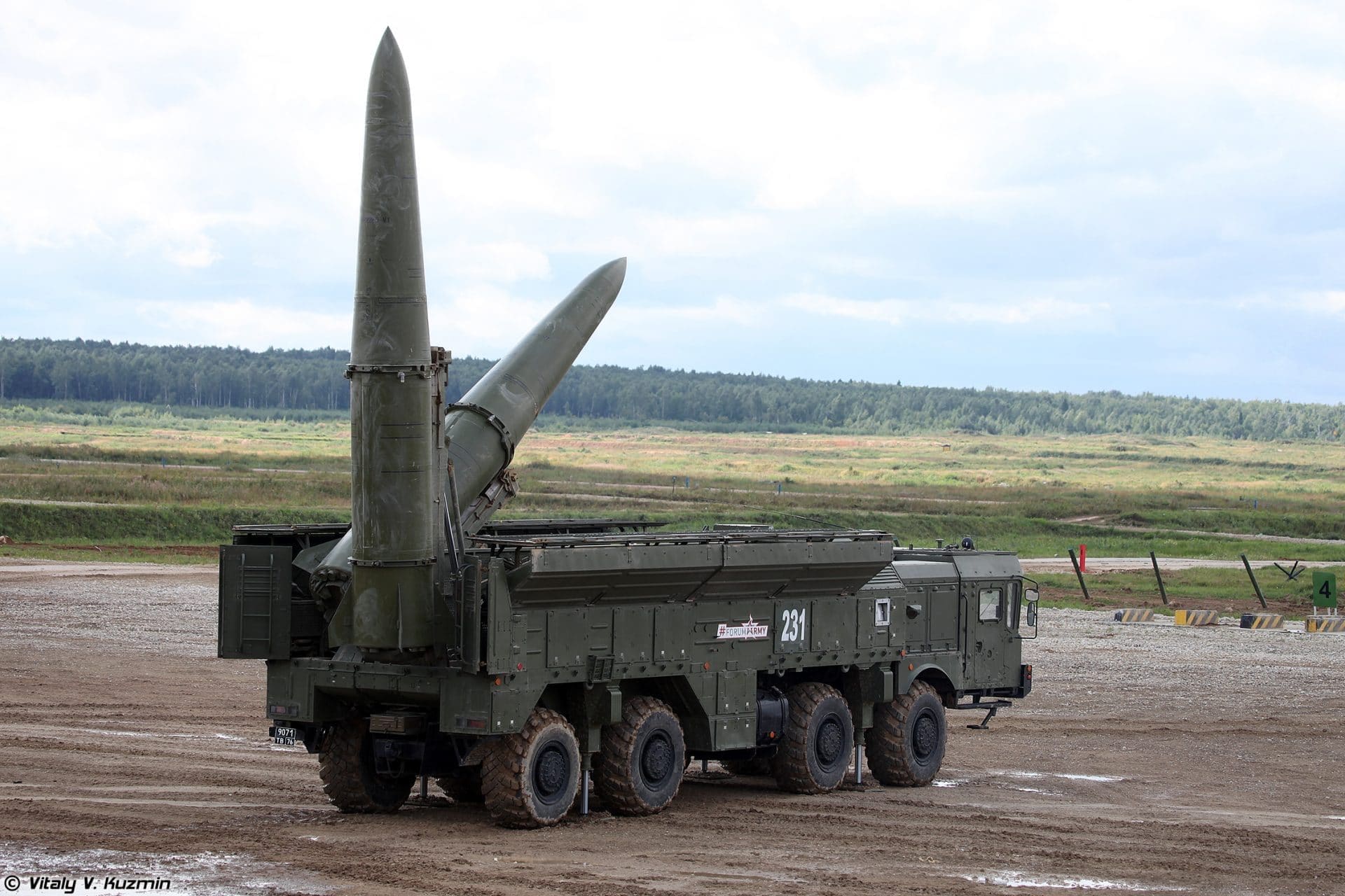 Iskander-m short-range ballistic missile system with two 9m723k5 missiles, at a russian demonstration of military technology in 2017. The iskander system is reported to be capable of firing ballistic missiles that can carry a tactical nuclear warhead. Photo by vitaly kuzmin