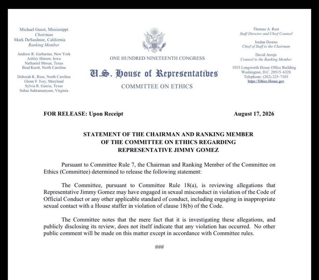 Statement from the house ethics committee announcing an investigation into rep. Jimmy gomez, d-calif.