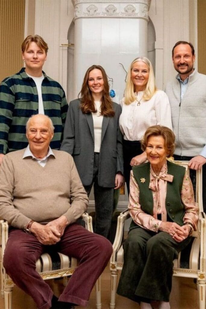 King harald of norway can be seen beaming with joy as he joins other members of the royal family for an easter portrait