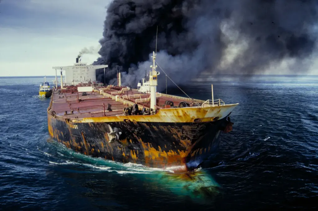 The cypriot-flagged pivot oil tanker in flames during the iran-iraq war near the strait of hormuz, december 13, 1987.