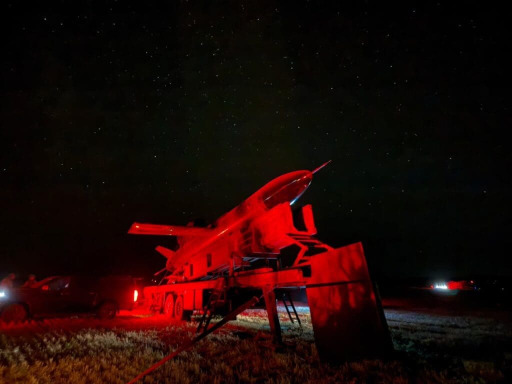 Image of a ukrainian flamingo cruise missile taken at night.