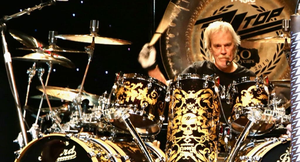 Zz top drummer frank beard playing drums.