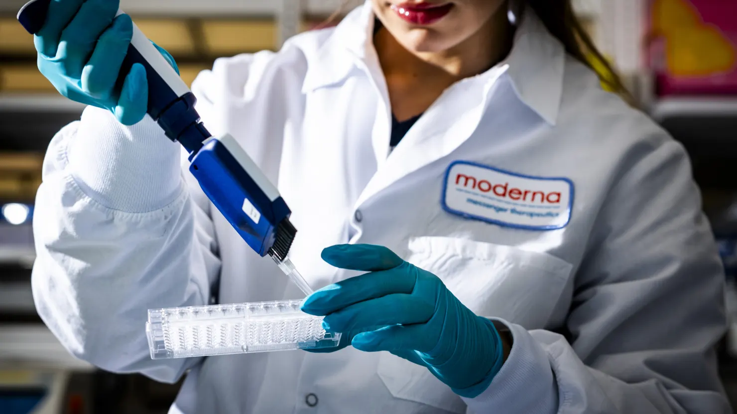 A researcher works in the lab at the moderna headquarters in cambridge, massachusetts, march 26, 2024.