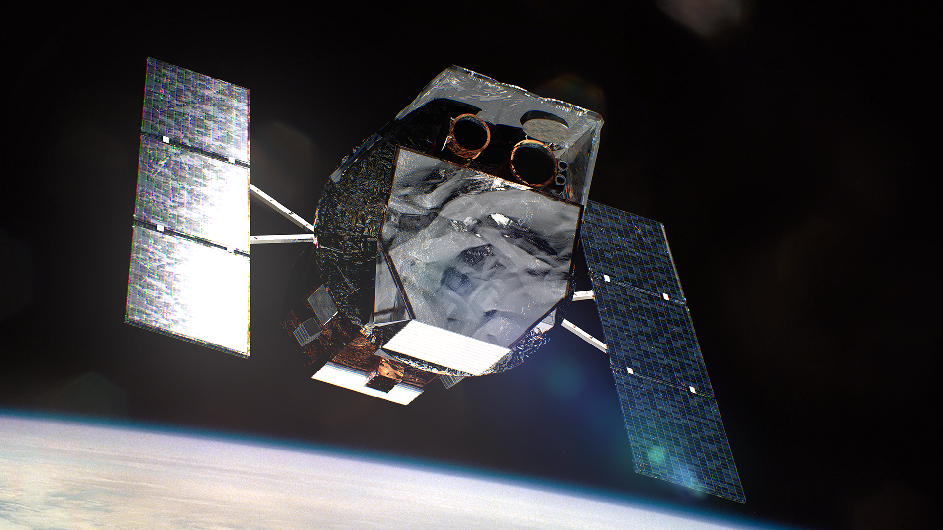 An artist’s concept shows nasa’s neil gehrels swift observatory orbiting above earth.
